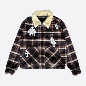 Chrome Hearts Black & Red Cross Patch Plaid Sherpa Jacket
